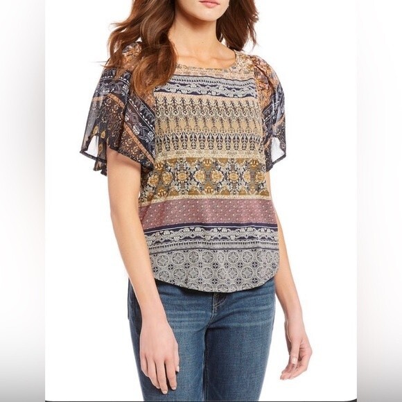 Lucky brand mixed media boho print keyhole back top size medium - Picture 1 of 6